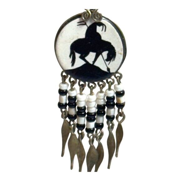 Vintage End Of The Trail Silver & Black Beaded Earrings Silhouette Dangling Drop - Picture 2 of 6
